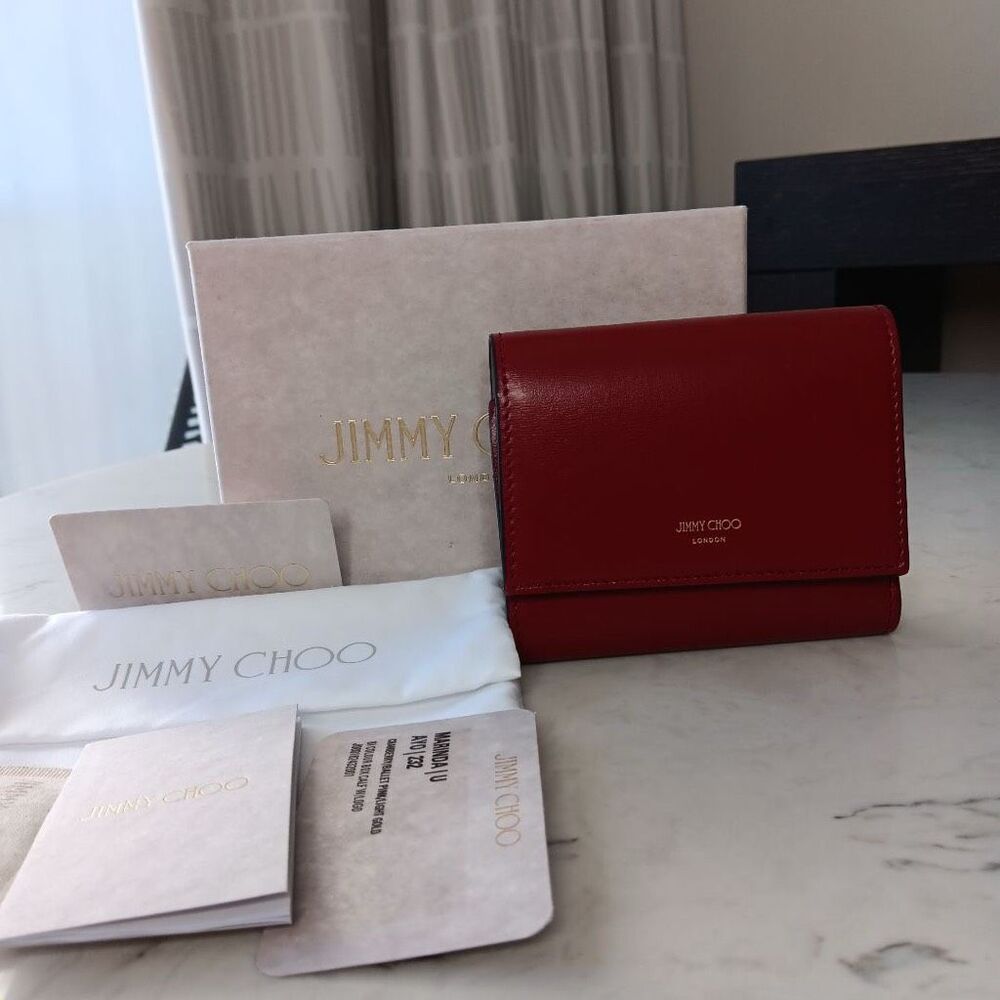 Jimmy Choo MARINDA Dark Red Leather Wallet Trifold Full Set